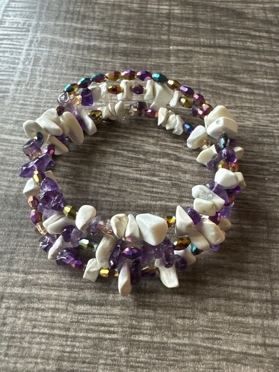 Purple Amethyst Gemstone Bracelet | White Howlite chips | Morse Code | Memory Wire Bracelet | Message in a Bracelet | Beaded Bracelet