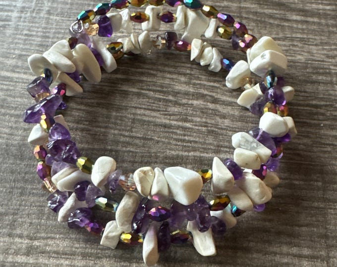 Purple Amethyst Gemstone Bracelet | White Howlite chips | Morse Code | Memory Wire Bracelet | Message in a Bracelet | Beaded Bracelet