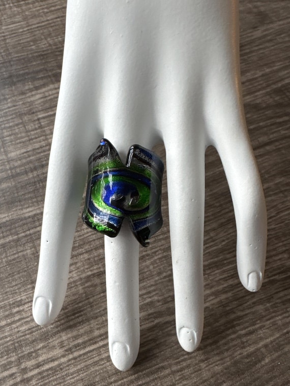 Blue/Green Murano Glass LampWork Ring - Size 5 1/2