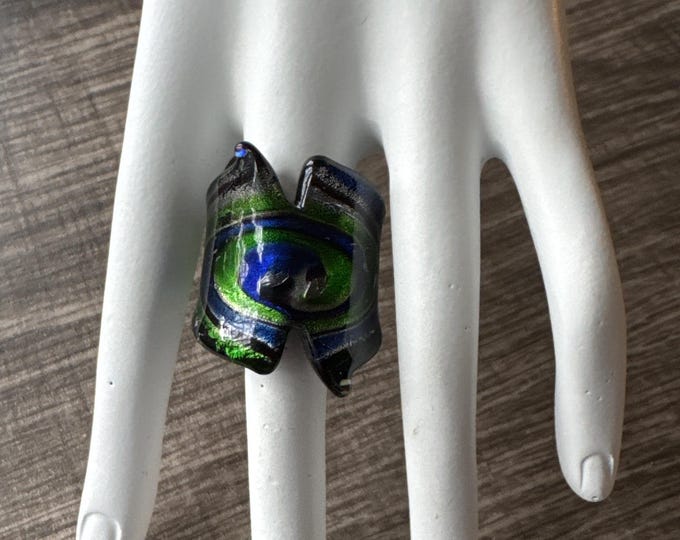 Blue/Green Murano Glass LampWork Ring - Size 5 1/2
