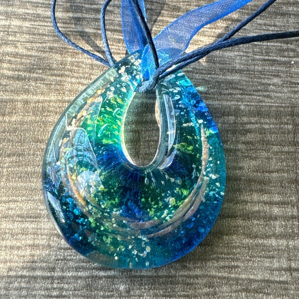 Blue/Green/Gold Teardrop Necklace | Murano Glass Teardrop | Teardrop Pendant Necklace