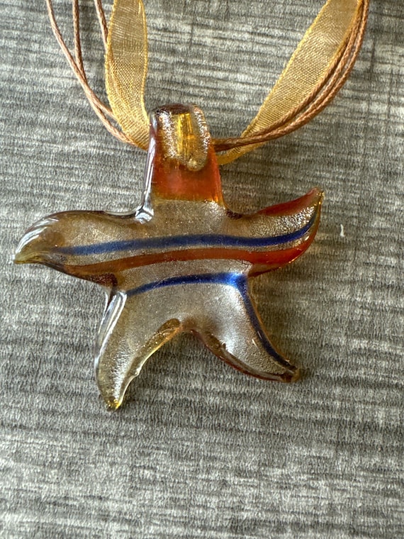 Gold Color/Blue/Orange Glass Starfish Pendant | Lampwork Glass Starfish | Strafish Pendant Necklace