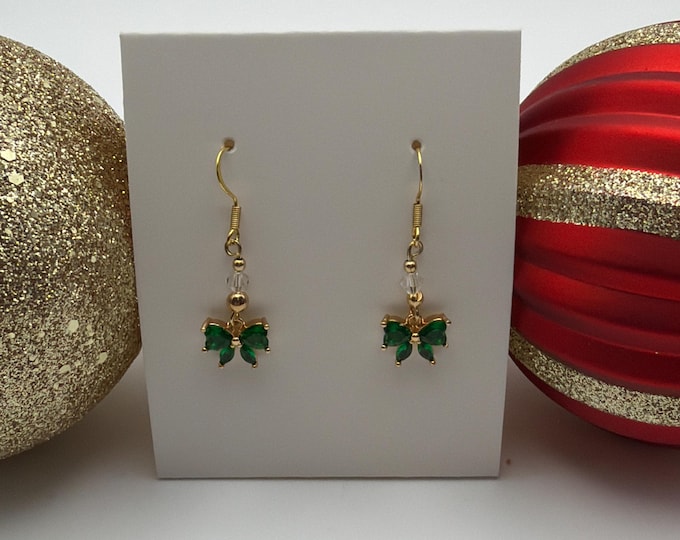 Green Crystal Bow Earrings | Christmas earrings Stocking Stuffers