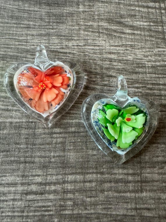 Clear Trim Flower Heart Pendant Necklace | Murano Glass Heart | Flower Heart Pendant Necklace