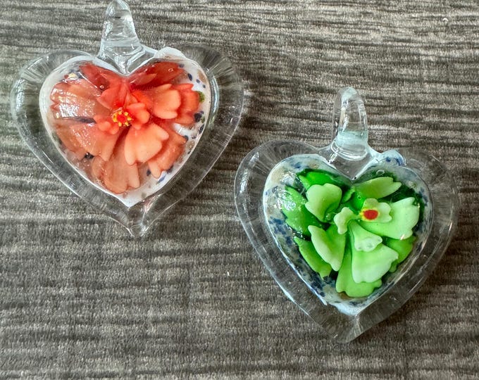 Clear Trim Flower Heart Pendant Necklace | Murano Glass Heart | Flower Heart Pendant Necklace