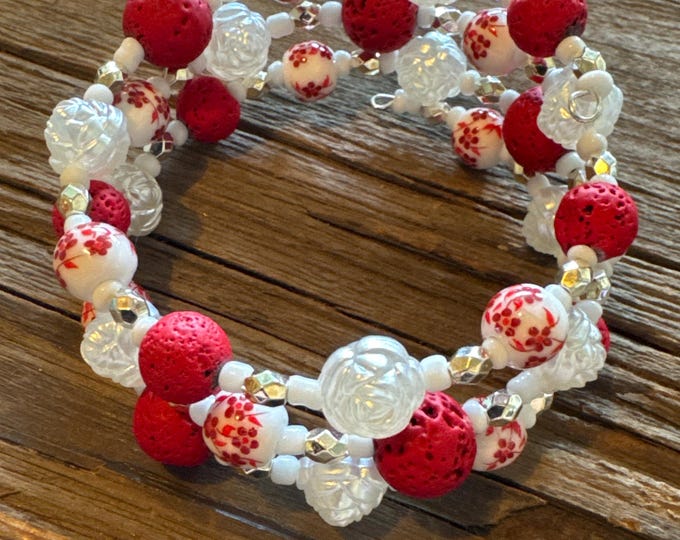 Red Flower Porcelain & Red Lava Beads Memory Wire | Lava Bead Bracelet | Wrap Bracelet