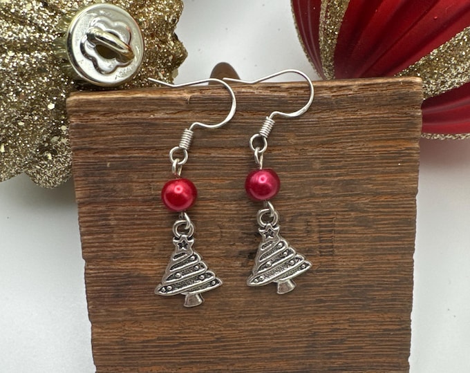 Christmas Tree & Red Pearl Earrings