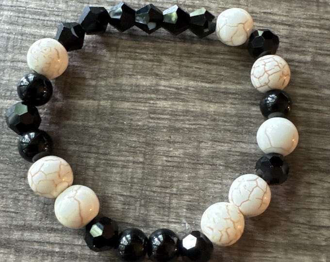 Howlite and Black Agate Stretch bracelet |  Beaded bracelet | Morse Code  - Admire | Message in a Bracelet | Quote Bracelet