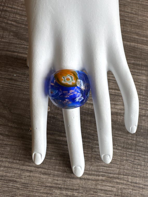 Blue Millefiori Design Statement Glass Ring - Size 8