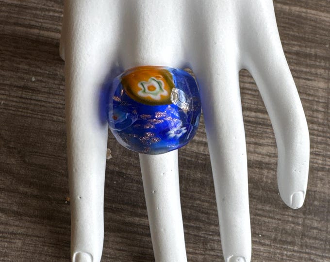 Blue Millefiori Design Statement Glass Ring - Size 8