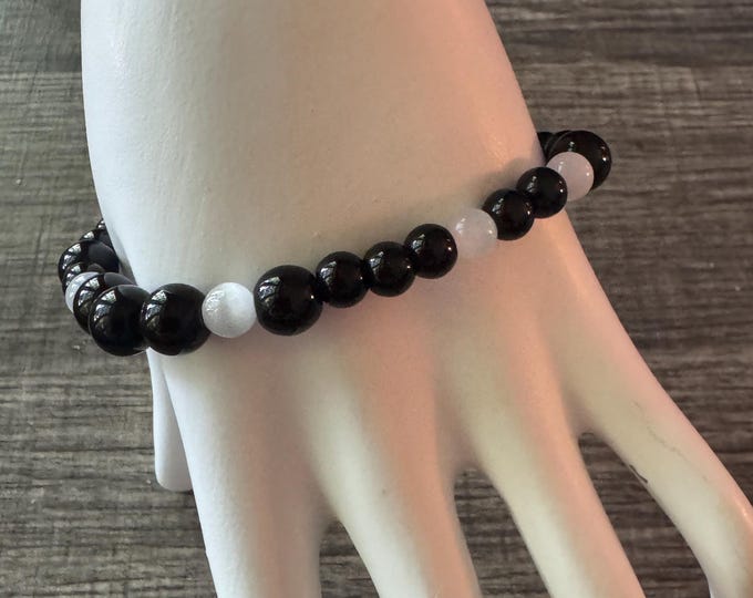 Black Agate and Moonstone Stretch Bracelet | Support - Morse Code | Message in a Bracelet | Beaded Bracelet | Quote Bracelet