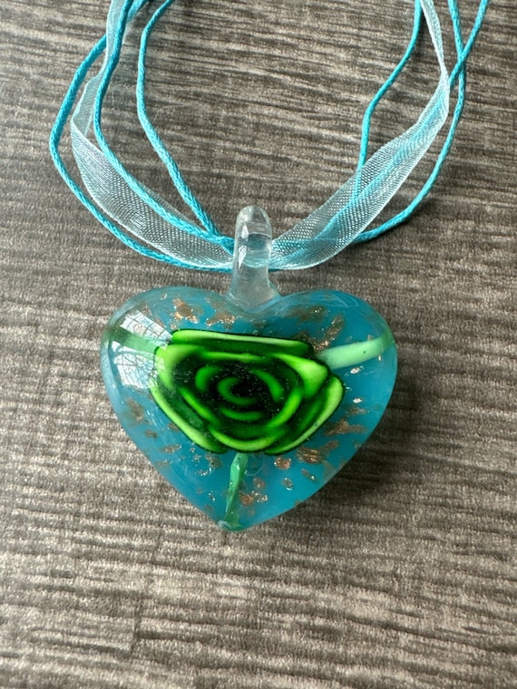 Green Flower Heart Pendant | Murano Glass Heart | Heart Pendant Necklace