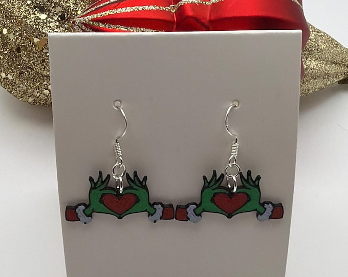 Christmas Grinch Earrings | 3D Printed Grinch Heart/Fingers Earrings | Holiday Earrings | Stocking Stuffers