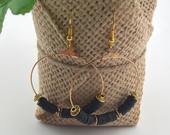 Black Heishi Bead & Gold Rondelle Hoop Earrings