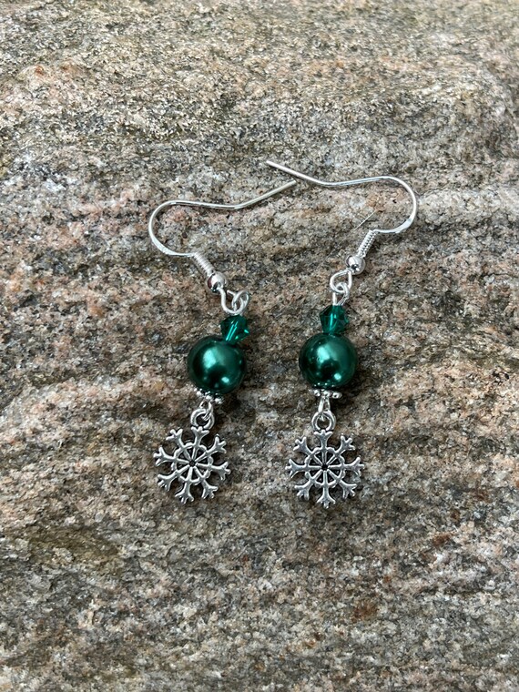 Green Glass Bead w/ Tibetan Snowfake Earrings