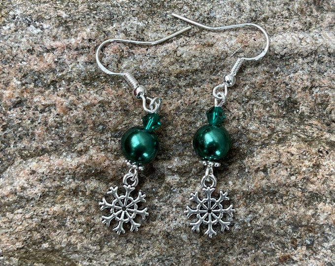Green Glass Bead w/ Tibetan Snowfake Earrings