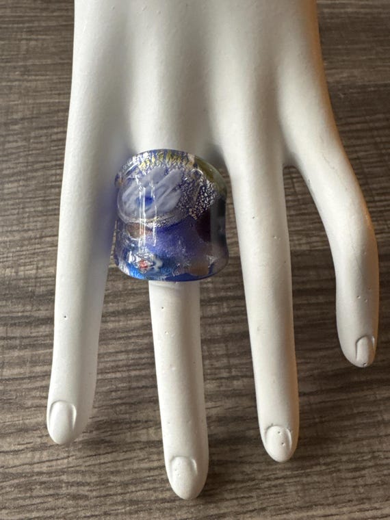 Blue Thick Band Millefiori Flower Statement Glass Ring