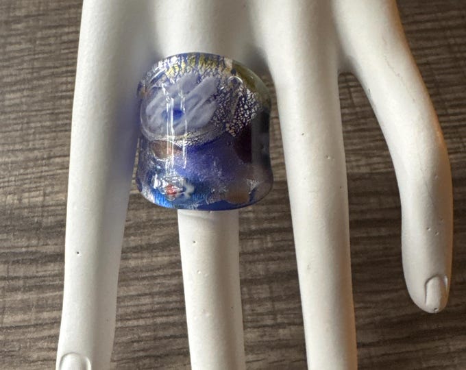 Blue Thick Band Millefiori Flower Statement Glass Ring