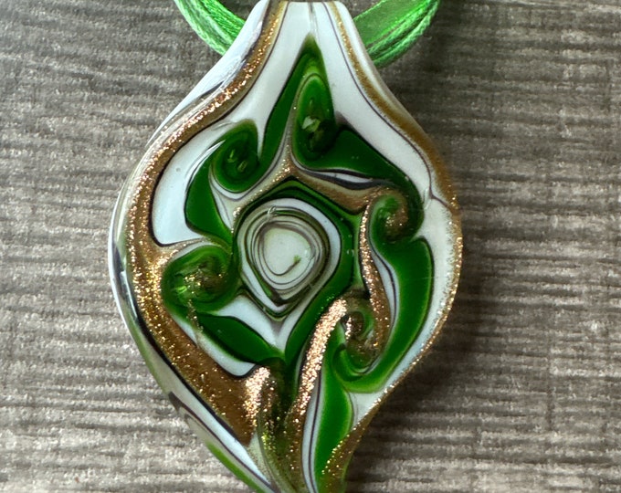 Green/White/Gold Leaf Pendant | Murano Glass Leaf | Leaf Pendant Necklace