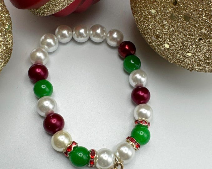 Christmas Tree Charm Bracelet: Red Rhinestone & Pearl Bead Holiday Jewelry