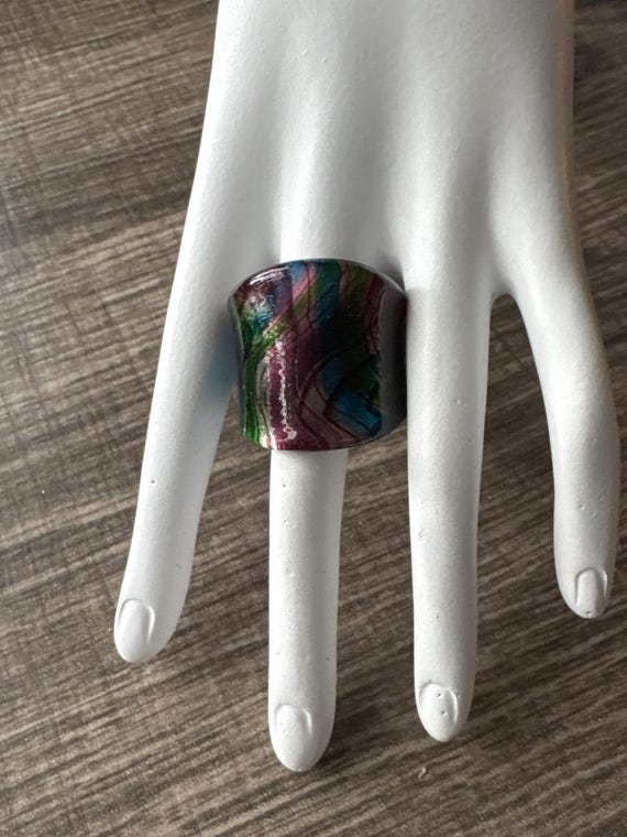 Purple/Blue/Green Striped Ring | Murano Glass  Ring - Size 9 1/4