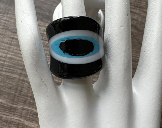 Black Evil Eye Glass Dome Ring - Size 8 1/2