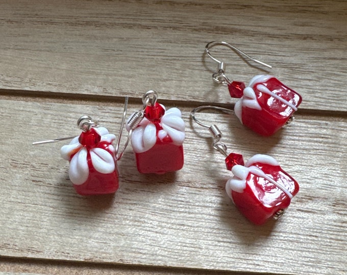 Red Present Earrings | Lampwork Glass Present  Earrings | Glass Present Earrings | Christmas Earrings | Stocking Stuffers