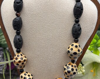 Lava Bead and Ceramic Leopard Print Beads | Statement Necklace | Animal Print necklace | Diffuser Jewelry