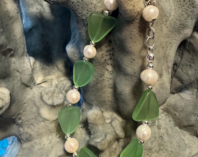 Green Seaglass Bracelet | Green Seaglass |  Freshwater Pearl Bracelet