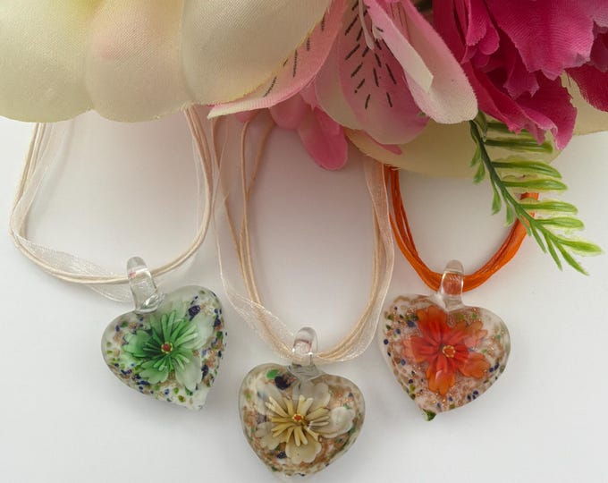 Heart Flower Pendant | Murano Glass Inspired Heart Pendant |  Flower Heart Pendant Necklace | Lampwork Glass Heart Pendant
