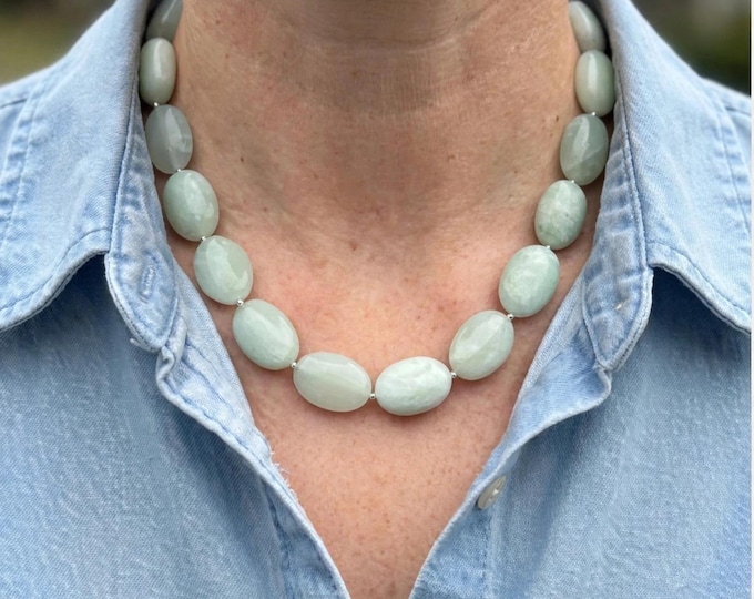 20" Amazonite Necklace – Pale Green Oval Bead Statement Necklace, Natural Gemstone Jewelry