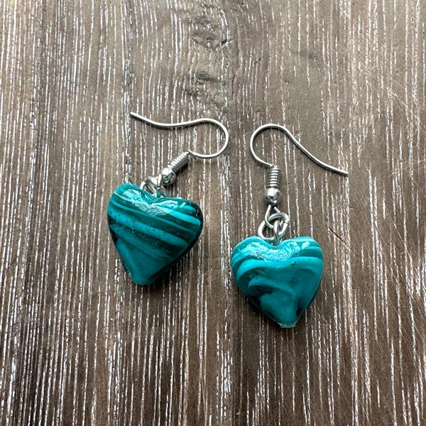 Green Glass Heart Earrings | Murano Glass Heart Earrings