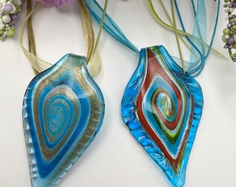 Blue Glass Leaf Pendant | Leaf Pendant Necklace