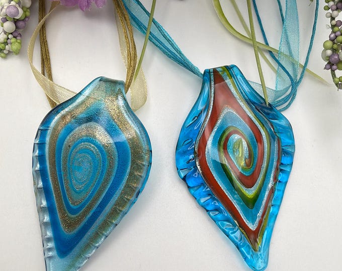 Blue Glass Leaf Pendant | Leaf Pendant Necklace