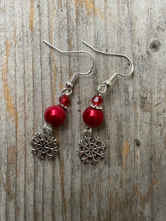 Red Pearl Bead w/ Tibetan Snowflake Earrings