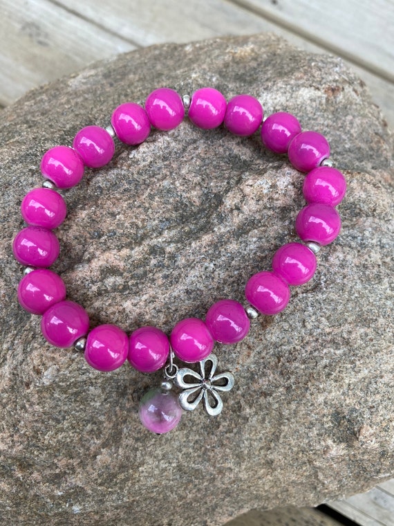 Pink Ori Glass Bead Bracelet with Tibetan Flower and Green Jade Bead