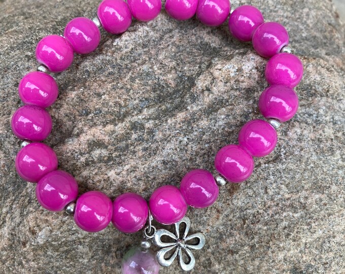 Pink Ori Glass Bead Bracelet with Tibetan Flower and Green Jade Bead