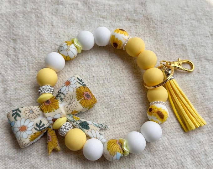 Flower Bow Wristlet/Keychain | Yellow Flower Silicone Bead Wristlet | Purple Silicone Bead Key Chain