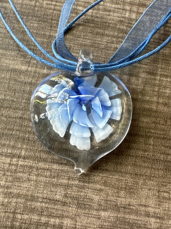 Blue Heart Flower Lampwork Pendant Necklace