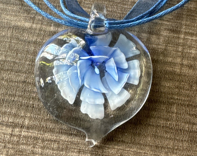 Blue Heart Flower Lampwork Pendant Necklace