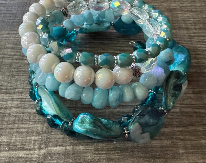 Blue Shell & Aqua Chip Memory Wire Bracelet | Multi-Strand Bracelet