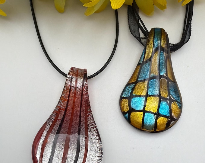 Drop Glass Pendant Necklace | Murano Glass Inspired Pendant |  Lampwork Glass Drop Pendant Necklace