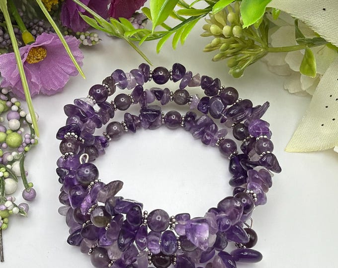 Amethyst Chip Memory Wire Bracelet | Amethyst Wrap Bracelet