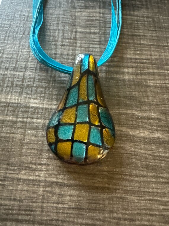 Blue/Gold Checkered Drop Pendant | Glass Drop Pendant Necklace