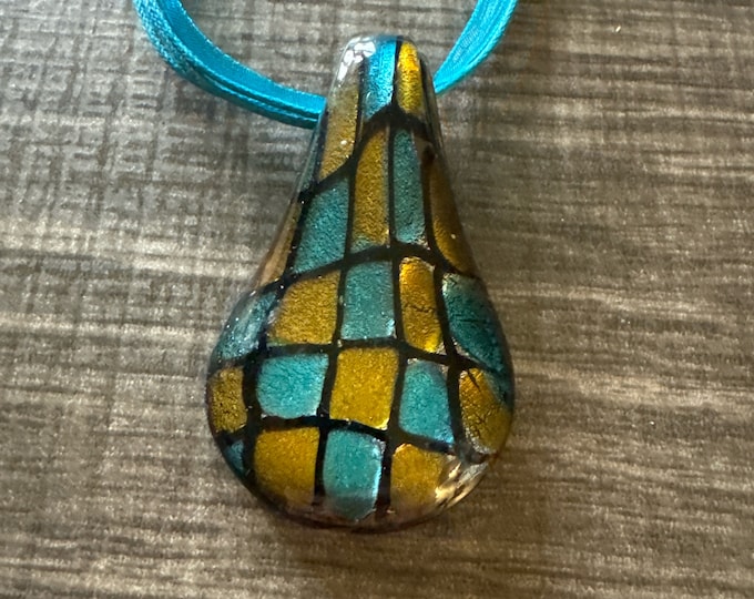 Blue/Gold Checkered Drop Pendant | Glass Drop Pendant Necklace