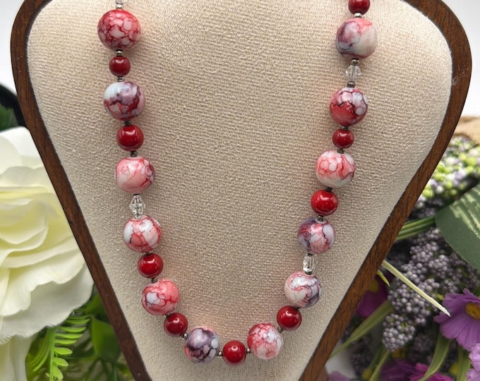 Statement Necklace | Coral Gemstone Necklace | Swarovski Crystals Necklace | Red and White Necklace