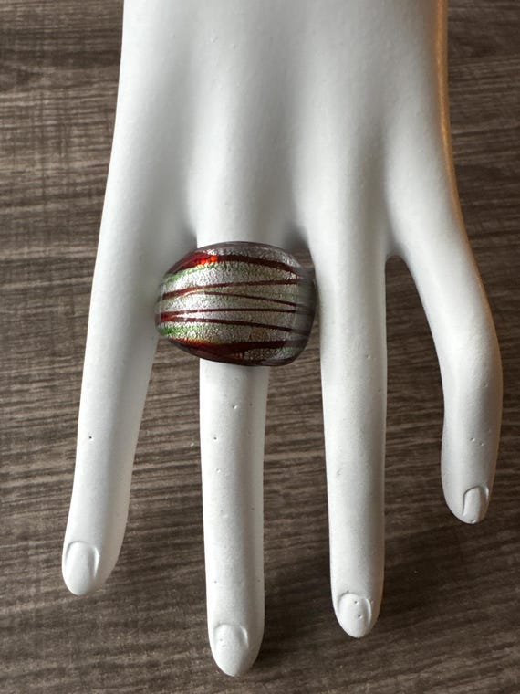 Red/Silver/Green Murano Glass Lampwork Ring