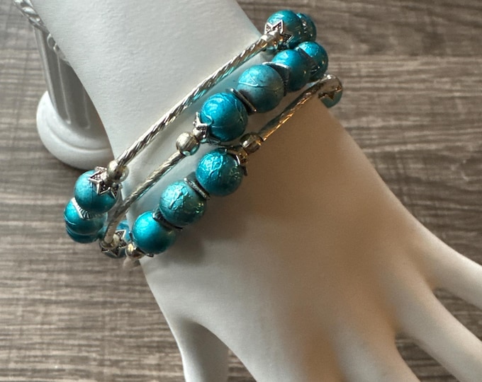 Aqua Painted Glass Memory Wire Bracelet