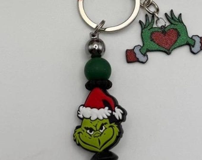 Grinch Christmas Keychain – Beaded Bag Charm, Green Monster Key Ring, Holiday Stocking Stuffer