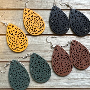Laser Cut Wooden Earrings | Wooden Teardrop Earrings | Filigree Wood Earrings | BOHO Earrings
